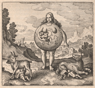 A woman with Earth as her torso, understood as Mother Earth, is nursing a baby, understood as the philosophical child. At the woman’s feet is a wolf nursing two babies identified as Romulus and Remus. A goat identified as Jove is also nursing a baby.