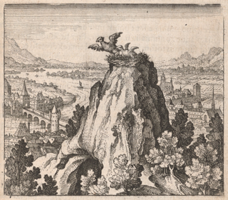 Two chickens prepare to fly from a nest on top of a rocky crag. Behind the rocky crag there is a river flowing between two cityscapes connected by a bridge.