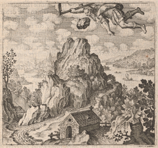 A bearded man in classical clothing, identified as Saturn, flies over a rocky crag while holding a scythe and vomiting up a stone. A path winds down the crag, passes through an arch, and forks at the base. One branch of the path leads to a church with a cross on the roof.
