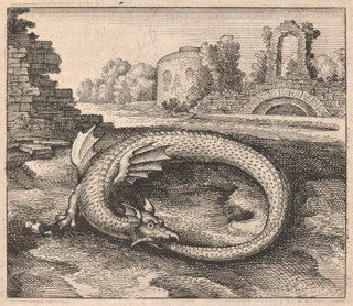A dragon with wings is biting its tail forming an ouroboros. There are ruins and an arch around the ouroboros.