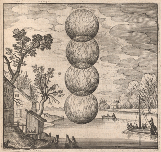 In the middle of a river four spheres containing fire are stacked vertically. Boats, houses, and trees frame the scene.