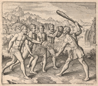 Four bearded nude men are attacking a man with a club by throwing either fire, wind, water, or earth. Behind them is a river and a cityscape.