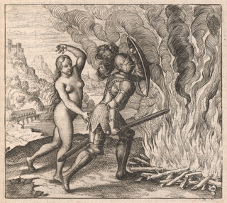A figure in armor with a shield and sword is shielding a fleeing nude woman from a large fire with smoke.