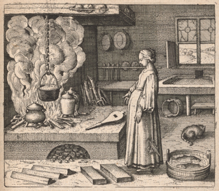 A woman in early modern clothing wearing a chatelaine is standing next to a hearth with bellows, a fire with faggots, and pots. One of the pots is suspended from a chain and hangs over the fire. On the floor there are two fish in a bowl and a cat.