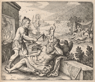A bearded man in classical clothing is holding an axe next to a reclining partially nude bearded man, identified as Jove. A nude woman, identified as Pallus, springs from his head. An eagle sits nearby. In the background at right, Pallus is embraced by a man with sun rays on his head, identified as Sol, and a winged youth, understood to be Cupid, watches over them as it rains gold.