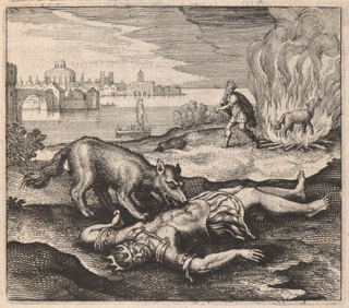 In the foreground a wolf is eating a dying man in classical clothing wearing a crown who is lying on the ground. In the background a wolf is burning in a fire while a man in classical clothing is walking away.