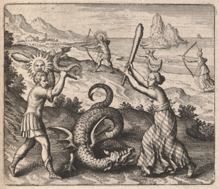 In the foreground a man with a sun on his head, identified as Sol, and a woman with a crescent moon on her head, identified as Luna, are holding clubs and attacking a dragon with wings. Behind them Sol and Luna, are holding bows and arrows and running toward a dragon with wings.