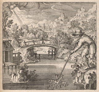 A man in early modern clothing is trawling for coral with a hook in a bog. There is a dock, small house, and bridge behind him. In the sky a face in a cloud, understood as a wind god, is blowing wind.