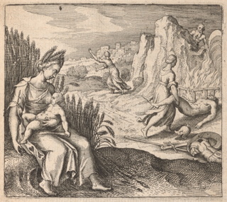 A woman in classical clothing, identified as Ceres, is sitting by wheat and holding a baby. In the middle ground there is discarded armor and a woman is dragging a dying nude man towards a fire. In the background an elderly nude bearded man looks on and a woman flees.