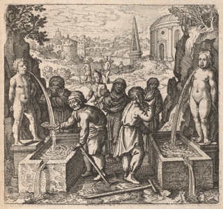 A crowd of people drink water from the basins of two fountains. At left a statue of a nude male spews water. At the right a statue of a nude female spews water. In the background there is a temple and cityscape.