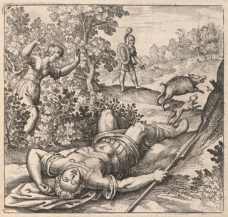 A man in armor, identified as Adonis, is lying on the ground dying with a pike in hand. A woman in classical clothing, identified as Venus, is running through bushes towards the man. Behind them a man in armor is looking at a fleeing boar and dog.