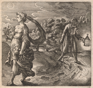 A bearded man wearing spectacles and holding a lantern and staff is following in the footprints of a woman in classical clothing holding a cornucopia and bouquet during an eclipse.