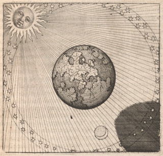 Planet Earth appears in the middle of a ring of stars. Above, the Sun, depicted with a face, projects rays on to Earth casting a large shadow and causing an eclipse.