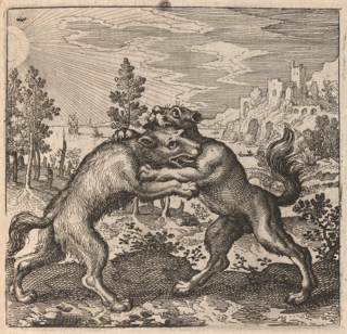 A wolf and dog are attacking each other. Behind them are trees, a cityscape, and a river with boats.
