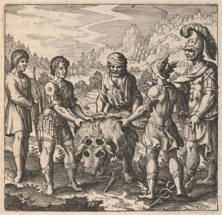 A man wearing a turban is holding an ox hide. To his left stands one man in early modern clothing and another in classical clothing with a bow and arrow. To his right stands a man in classical clothing, understood as Hermes, and a man in classical clothing with a helmet and plume.