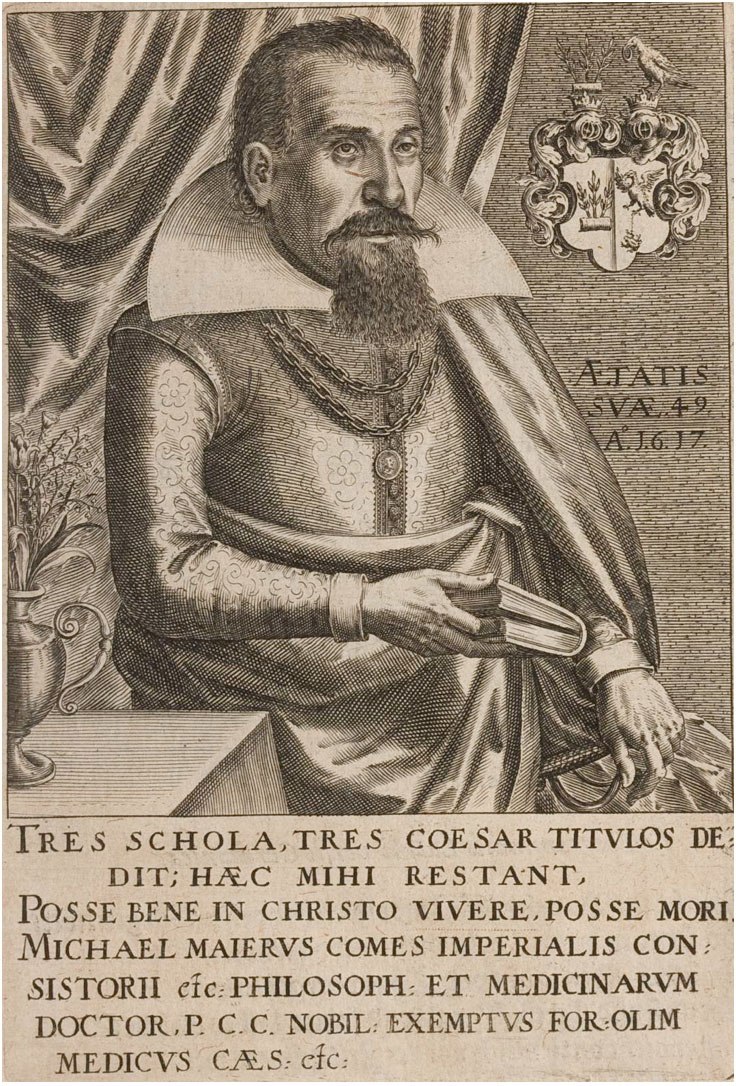 An etching that depicts the author of Atalanta fugiens seated, wearing elaborate clothing, and holding a book next to a coat of arms.