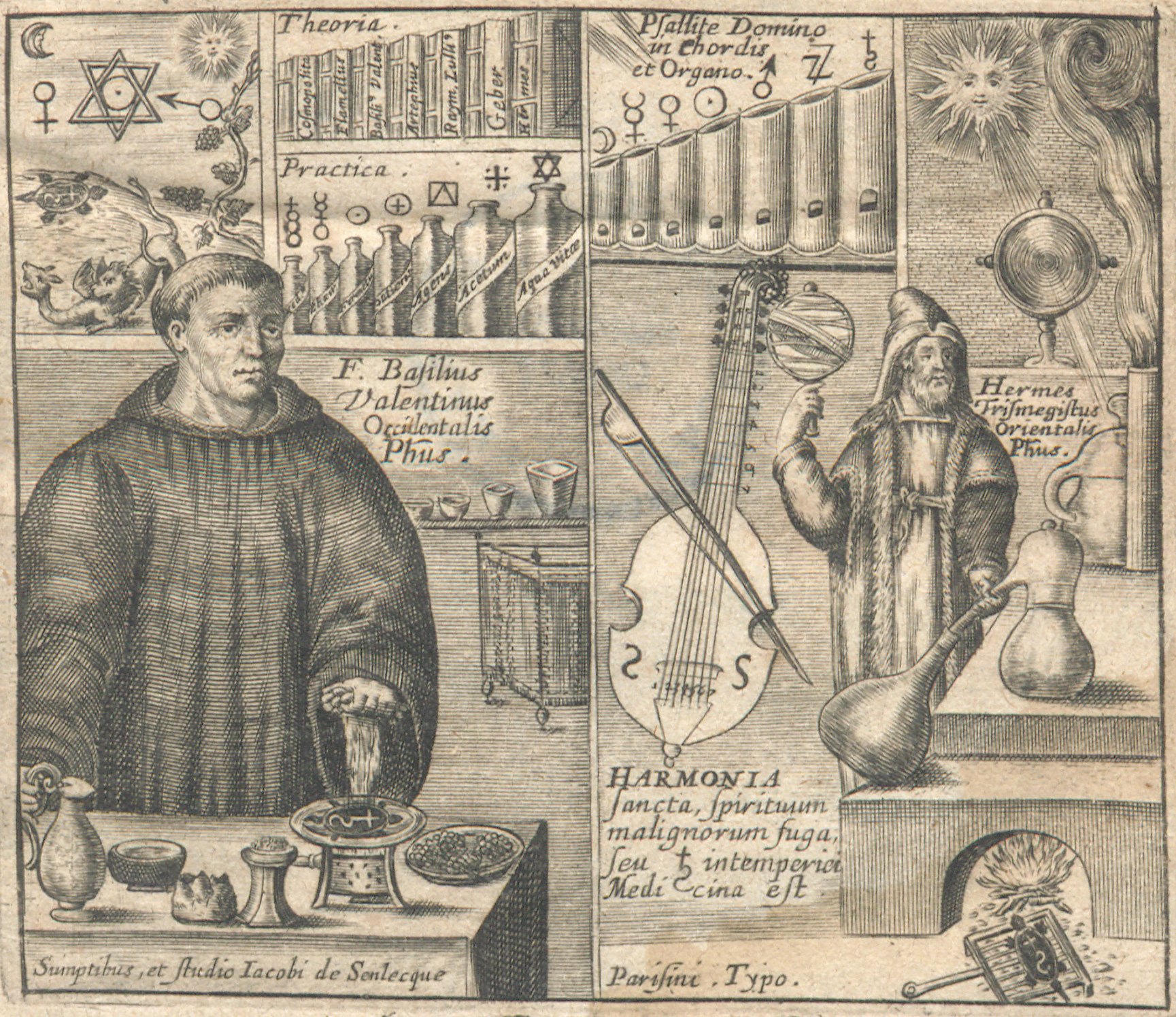 The frontispiece for Revelation des mysteres (Revelation of Mysteries) depicts a split image. On the left-hand side: a robed figure presides over various materials; in the background there are numerous vessels, books, symbols, and a small vignette of mythical creatures. On the right-hand side: A heavily cloaked man in a hat is surrounded by various instruments and experiments in progress.