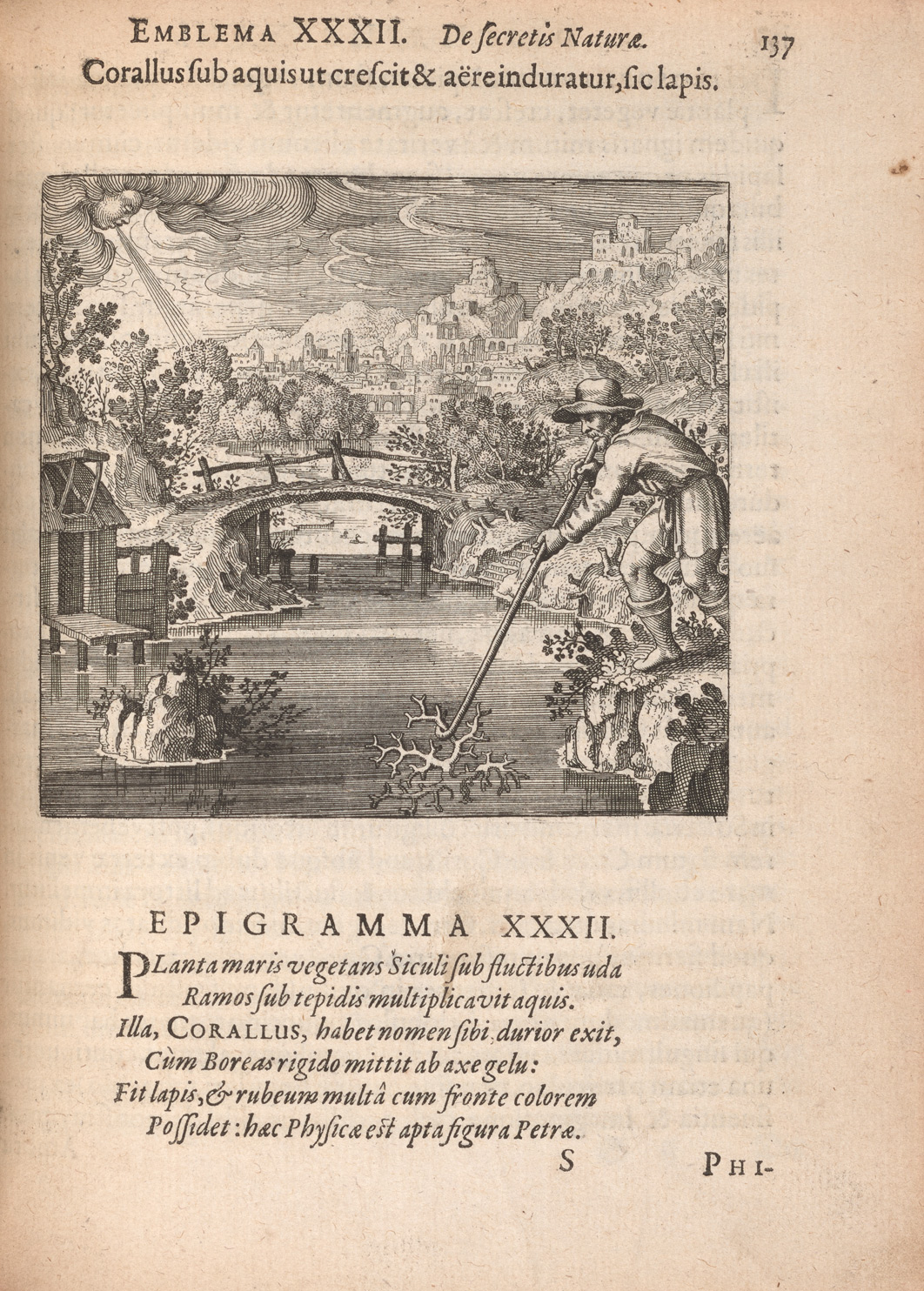 The second page of emblem 32 of Atalanta fugiens, which shows a motto and epigram in Latin and an image. In the image, a man in early modern clothing is trawling for coral with a hook in a bog. There is a dock, small house, and bridge behind him. In the sky a face in a cloud, understood as a wind god, is blowing wind.
