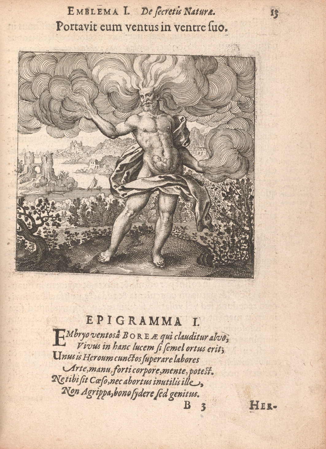 The second page of emblem 1 from Atalanta fugiens shows a motto and epigram in Latin and an image. In the image, a bearded nude man, identified as Boreas, with wind gusts extending from his head and arms, has a fetus inside his stomach. He is standing amongst bushes with a river and cityscape in the background.