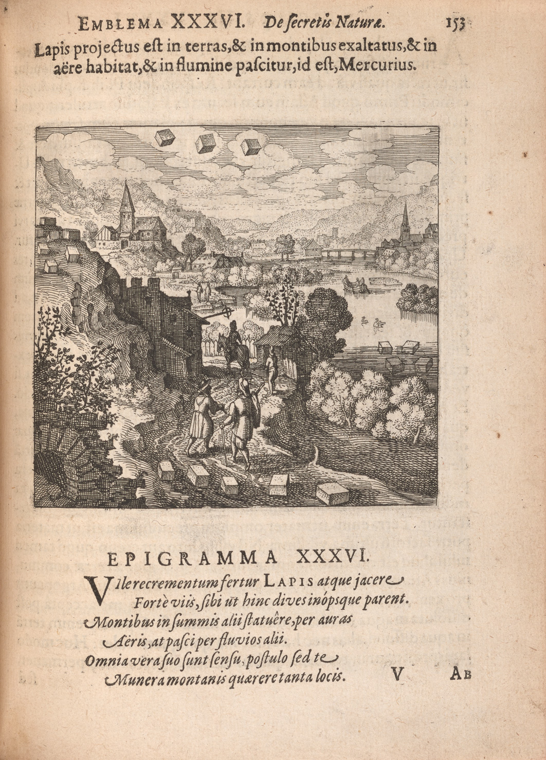 The second page of emblem 36 of Atalanta fugiens, which shows a motto and epigram in Latin, and an image. The image shows two men in early modern clothing walking on a path through a town with another man walking ahead of them and another one riding a horse. There is a river, church, and town in the background. There are three cubes floating in the air, five cubes behind the two men, and four cubes in the river.
