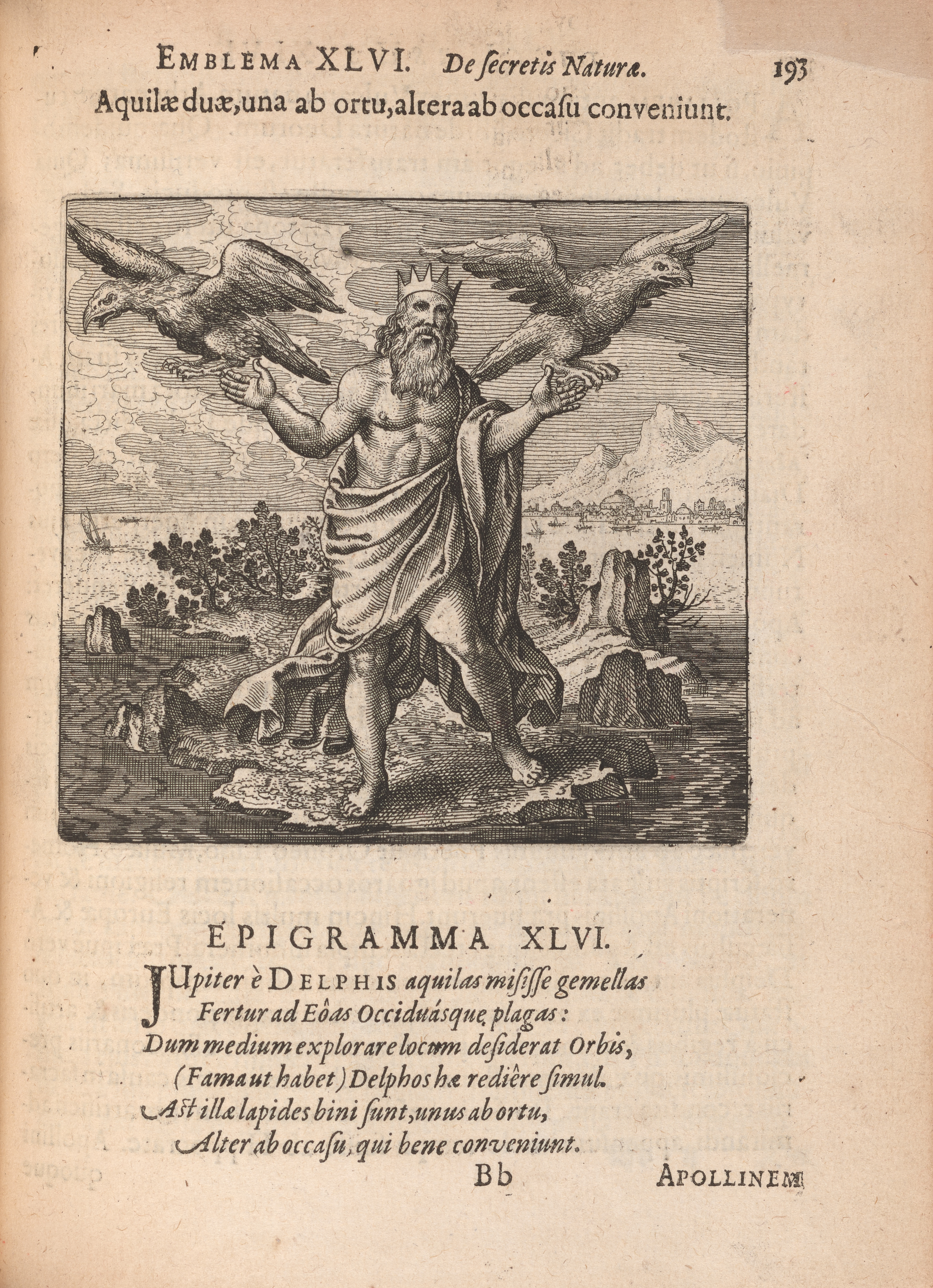 The second page of emblem 46 from Atalanta fugiens shows a motto and epigram in Latin and an image. In the image, a bearded man draped in cloth wearing a crown, understood as Jove, is holding in each hand an eagle with spread wings on a small island in the middle of a lake.