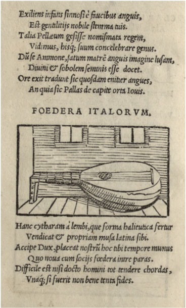 A manuscript page from Emblematum liber (Book of emblems) that consists of an emblem depicting an early modern instrument known as a lute alongside an accompanying Latin text.