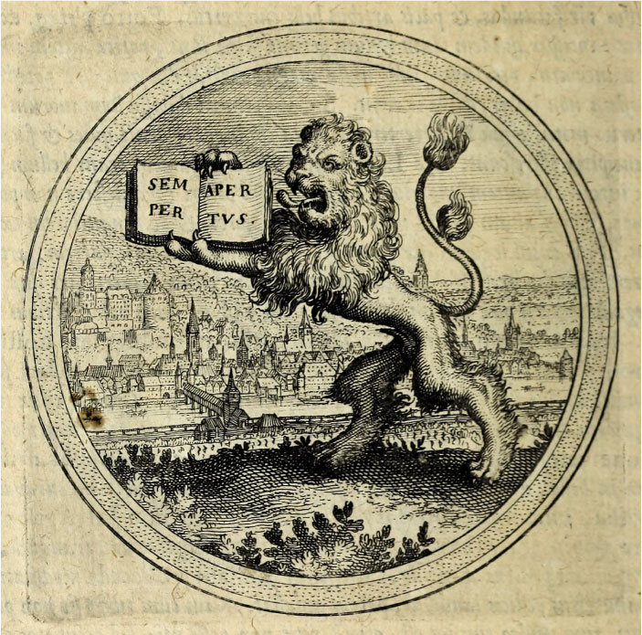 An image from emblem 67 of “In Insignia Academiae Palatinae,” in which a lion holds a book with the motto of Heidelberg University as it stands before Heidelberg castle, the city, and the bridge over the River Neckar.