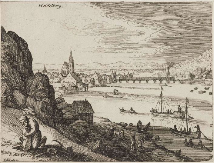 An etching, called “View of Heidelberg,” that depicts a scene along the river on the outskirts of the city. Two travelers encounter a wagon along the road while boat traffic makes its way down the Neckar.