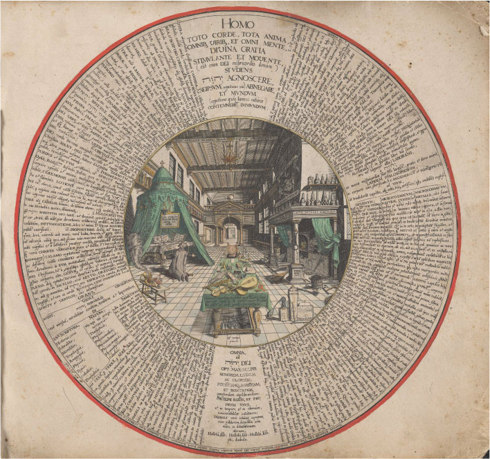 A richly illustrated page from Amphitheatrum sapientiae aeternae presents a circular image at the center of which is a picture of a room and around which radiate text. In the room, which features a large ceiling and long hallway, an adept kneels at a tabernacle, a table displays musical instruments, and a work area contains many tools and vessels.
