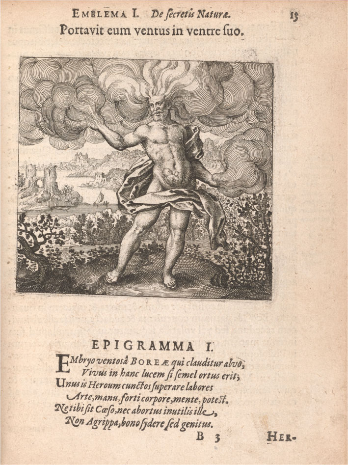 The second page of emblem 1, which shows a motto and epigram in Latin and an image. In the image, a bearded nude man, identified as Boreas, with wind gusts extending from his head and arms, has a fetus inside his stomach. He is standing amongst bushes with a river and cityscape in the background.