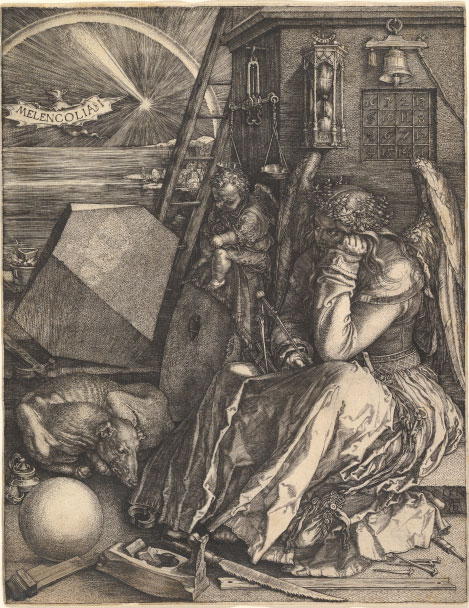 An etching depicts an angel hunched over in a crowded workspace with a bovine animal at her feet and a cherub over her shoulder. In the distance is a burst of light with the word Melencolia I.