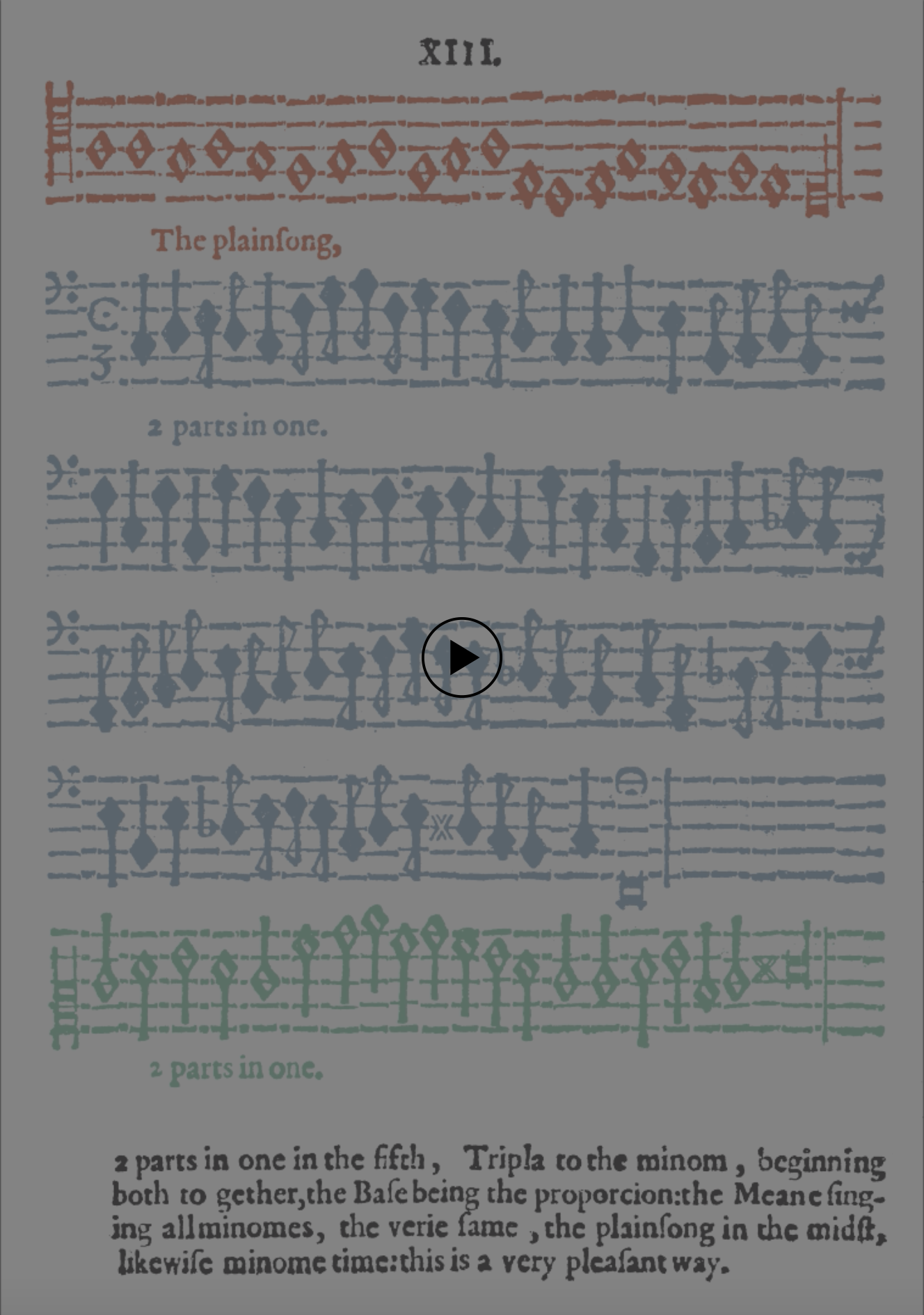Poster for a video that displays a static manuscript page of musical notation for canon 13 while playing the canon itself.