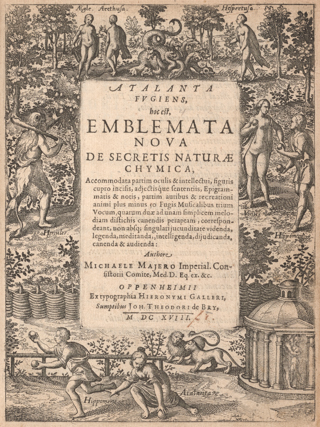 The frontispiece, or first illustrated page, contains a short introductory text surrounded by multiple scenes from the myth of Atalanta and Hippomenes. These include the Garden of the Hesperides, which includes Aegle, Arethusa, a many-headed dragon, understood as Ladon, and Hespertusa; Hercules stealing apples; Venus giving apples to Hippomenes; the race between Hippomenes and Atalanta; the consummation of their love; and their transformation into lions.