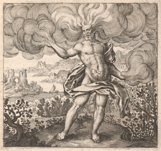 A bearded nude man, identified as Boreas, with wind gusts extending from his head and arms has a fetus inside his stomach. He is standing amongst bushes with a river and cityscape in the background.