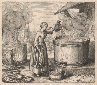 A woman in early modern clothing is pouring water into a large steaming tub. At the bottom of the tub water flows from a spigot to a smaller tub. To the left, a brick firepit with faggots produces smoke.