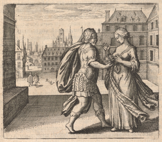 A bearded man in classical clothing is foisting a toad towards a woman’s breast to nurse. In the background of the courtyard, two men and a dog are walking away.