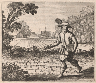 A beardless man in early modern clothing is sowing gold coins from a bowl into a plowed field.