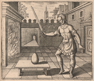 A bearded man in classical clothing holds a sword with one hand and is looking at an egg on a low table. He is in a courtyard with a door to his right, a fire with smoke in front of him, and a passageway behind him.