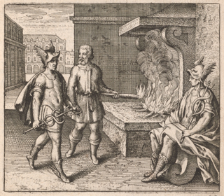 A bearded man holds a lit faggot above a smoky fire set on a hearth. A man in classical clothing, identified as Hermes, is walking past the man towards a sitting man in classical clothing, also identified as Hermes.