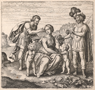 A woman in classical clothing, identified as Latona, is seated with two children standing at her feet. One, identified as Sol, has a sun face; and the other, identified as Diana, has a crescent moon on her head. A bearded man in classical clothing is washing the woman’s neck while another man is tearing a book.