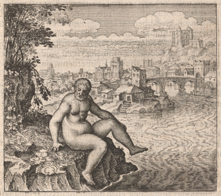 A nude leprous man, identified as Naaman, is sitting on a bank and washing in the river. Behind him is a cityscape with a bridge.