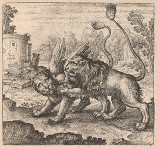 A lion clutches a lion with wings. Behind them there are ruins and trees.