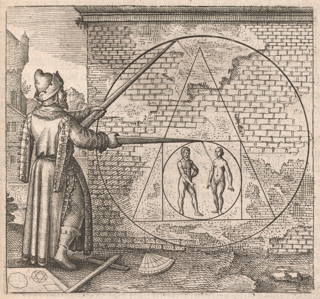 A bearded man in eastern clothing, represented as Hermes Trismegistus, is holding a compass and pointing to a brick wall with a t-square and quadrant at his feet. On the brick wall there is a drawing of a nude man and woman inside a circle inside a square inside a triangle inside a circle.