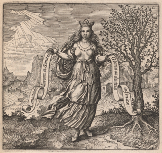 A woman in classical clothing wearing a crown, understood as Wisdom, is standing in a path and holding a banderole in each hand. The Latin inscription on one banderole reads, “Length of days and health” and on the other, “Glory and endless wealth”. Beside her is a blooming tree and behind her is a house and river.