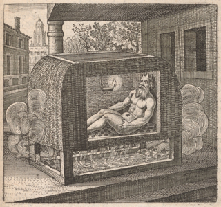 A bearded nude man wearing a crown is sitting in a vapor bath on a porch with columns.