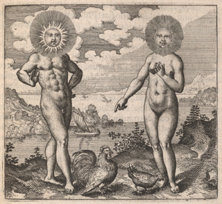 A nude man with a sun for a head, identified as Sol, is standing next to a nude woman with a moon for a head, identified as Luna. She is pointing to the two chickens that are at their feet. Behind them are boats on a river.