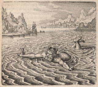 A bearded man wearing a crown is swimming in a lake. There is a cityscape and boats behind him.