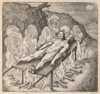 A nude hermaphrodite is lying on a table over a fire with smoke during an eclipse.