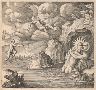 A nude man with a sun for a head, identified as Sol, is embracing a nude woman with a moon for a head, identified as Luna in a lake in a cave. To the left of them a nude man is running out of the lake and a nude Luna is giving birth in the clouds.