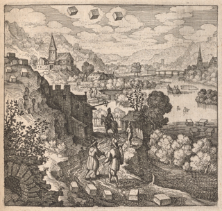 Two men in early modern clothing are walking on a path through a town with another man walking ahead of them and another one riding a horse. There is a river, church, and town in the background. There are three cubes floating in the air, five cubes behind the two men, and four cubes in the river.